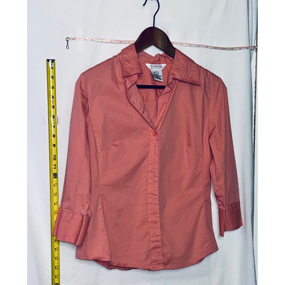 George Stretch Coral‎ Pink Button Up Shirt 3/4 Sleeve Womens Medium